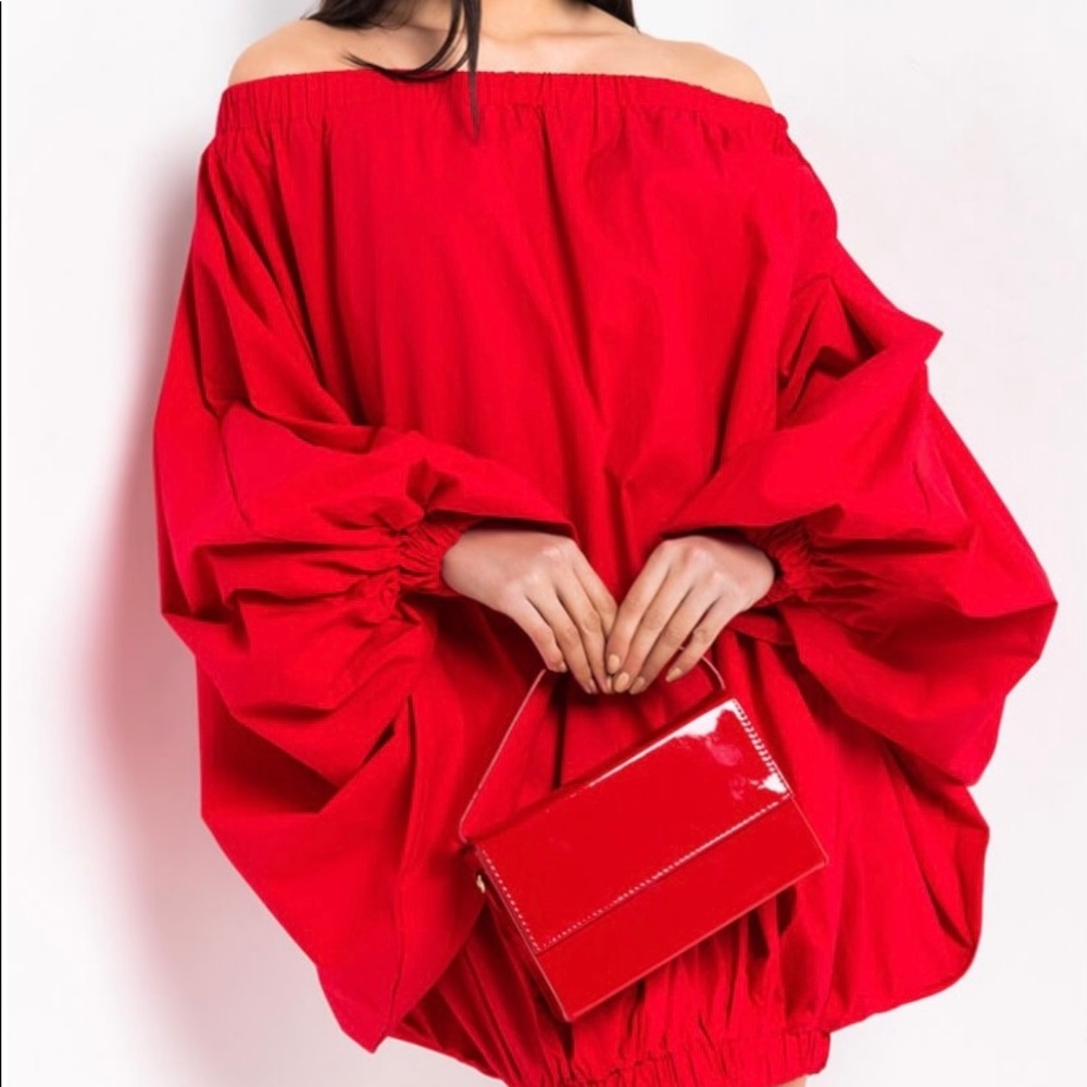 Off-Shoulder Red Balloon Sleeve Mini Dress - Picture 6 of 6